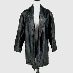 Navarre Leather Coat Jacket Womens Medium Black Lined Patchwork Look Outdoor